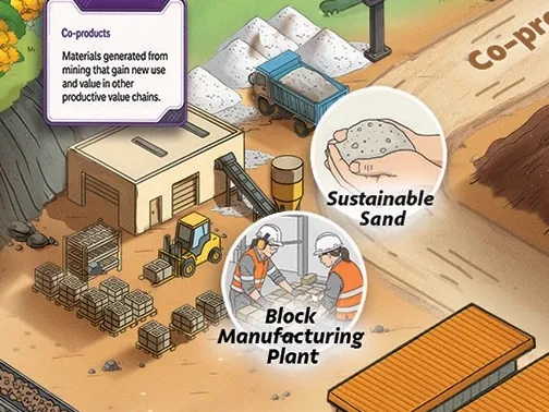 Map detail: sustainable sand and a block manufacturing plant, with the co-products information card.