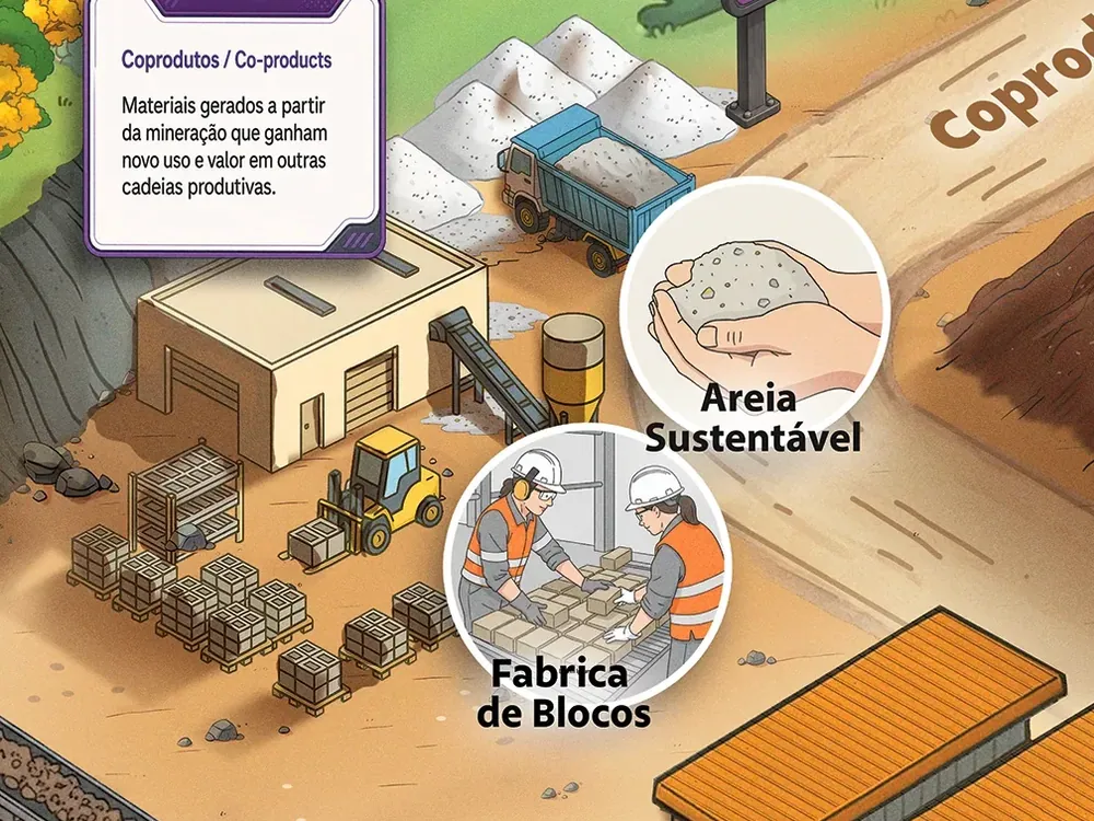 Detalhe do mapa: areia sustentável e fábrica de blocos, com o cartão explicativo de coprodutos.