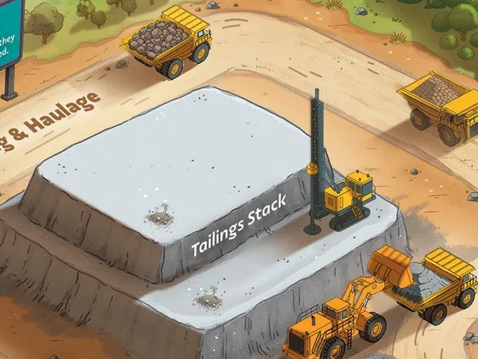 Map detail: the tailings pile, with a loader and a truck beside it.