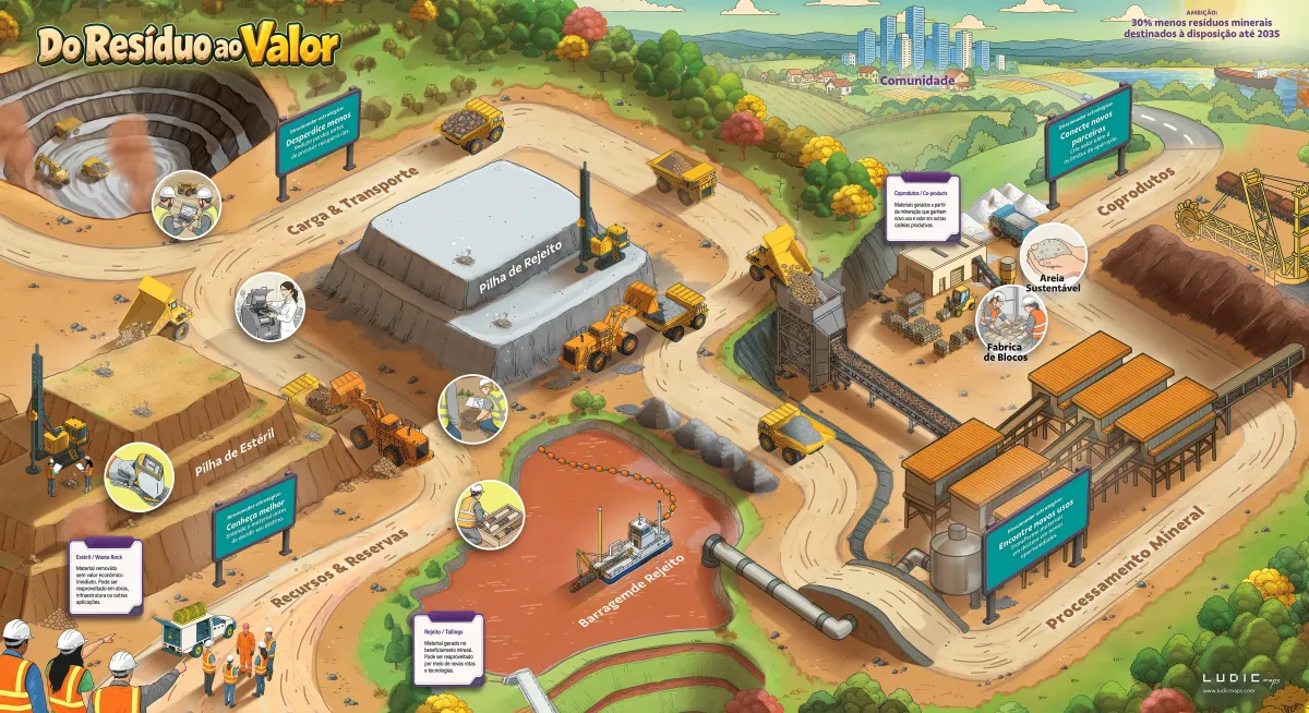 Mapa de aprendizagem “Do Resíduo ao Valor”: uma operação de mineração em uma só paisagem, com recursos e reservas, carga e transporte, pilhas de estéril e de rejeito, processamento mineral e coprodutos, cortada por direcionadores estratégicos.