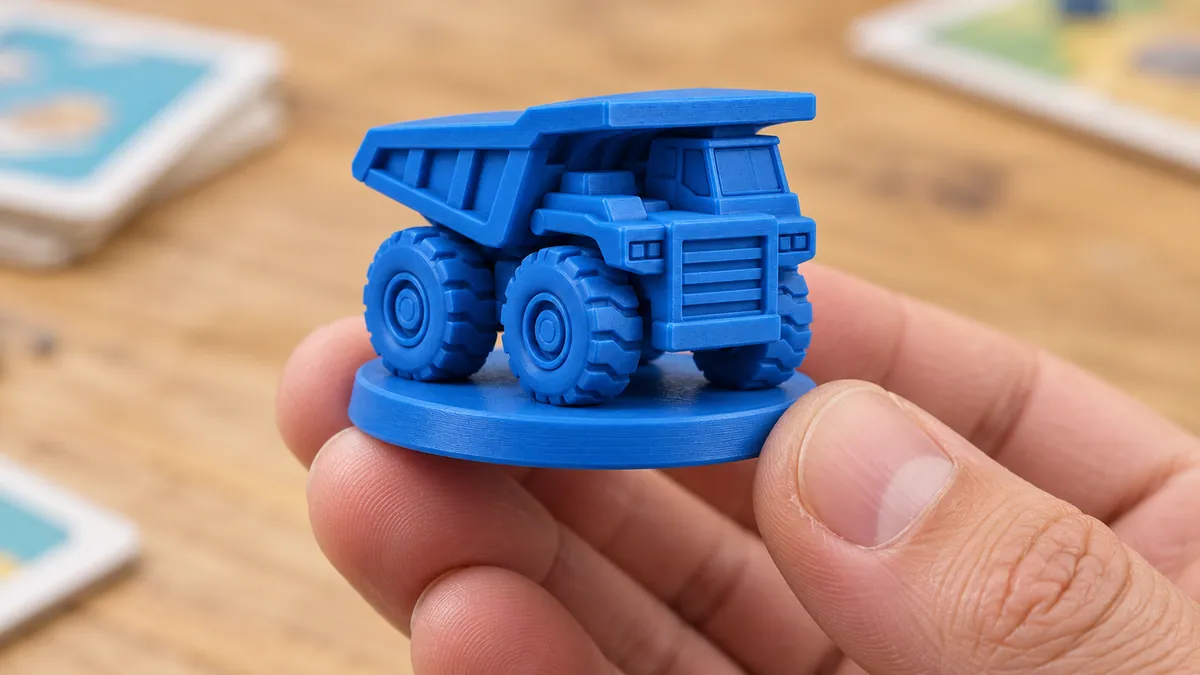 Visualização ilustrativa de uma mão segurando a miniatura azul de um caminhão de mineração.