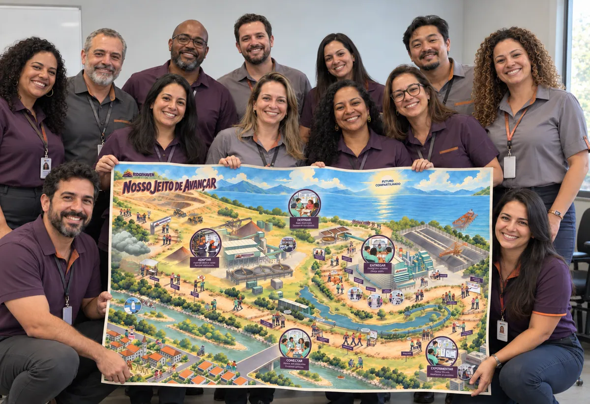 Imagem ilustrativa de um grupo segurando o mapa impresso em grande formato.