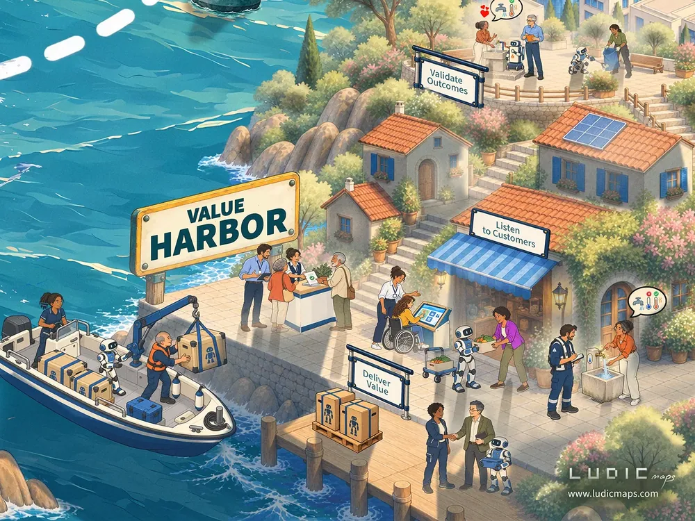 Map detail: Value Harbor, with people meeting the boat as it arrives and delivering value to customers.