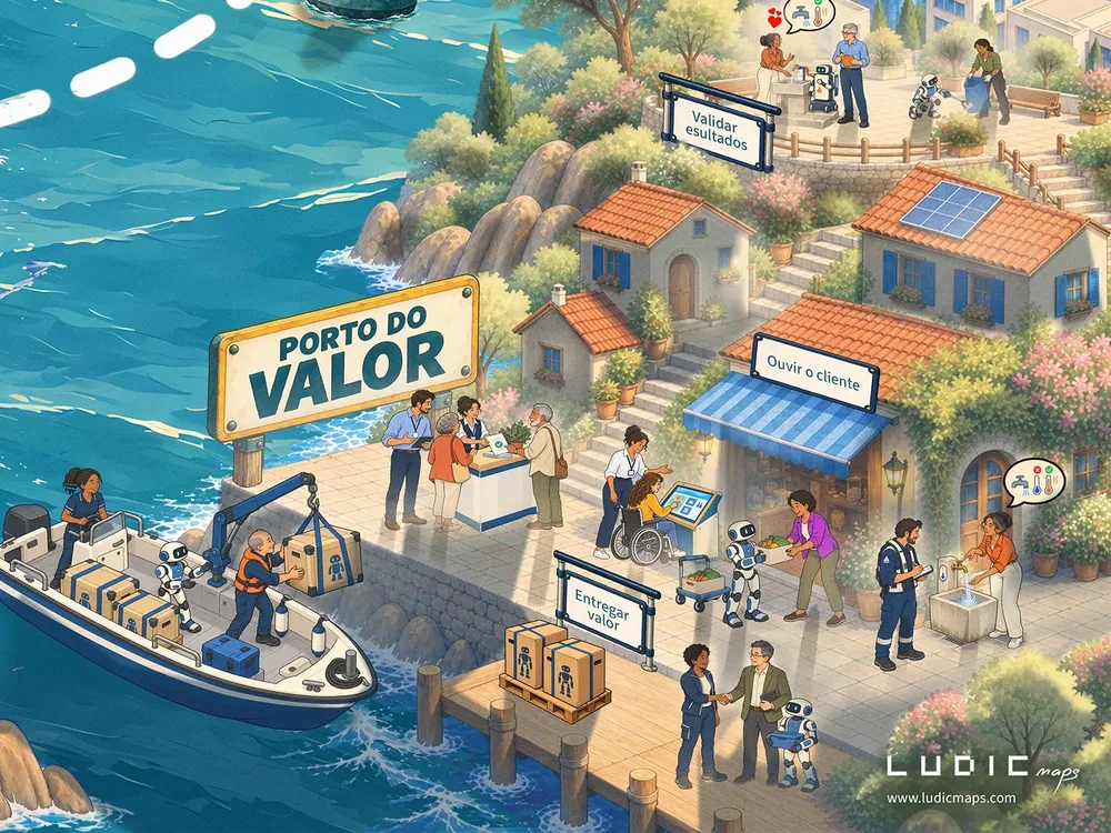 Detalhe do mapa: o Porto do Valor, com pessoas recebendo a chegada do barco e entregando valor aos clientes.