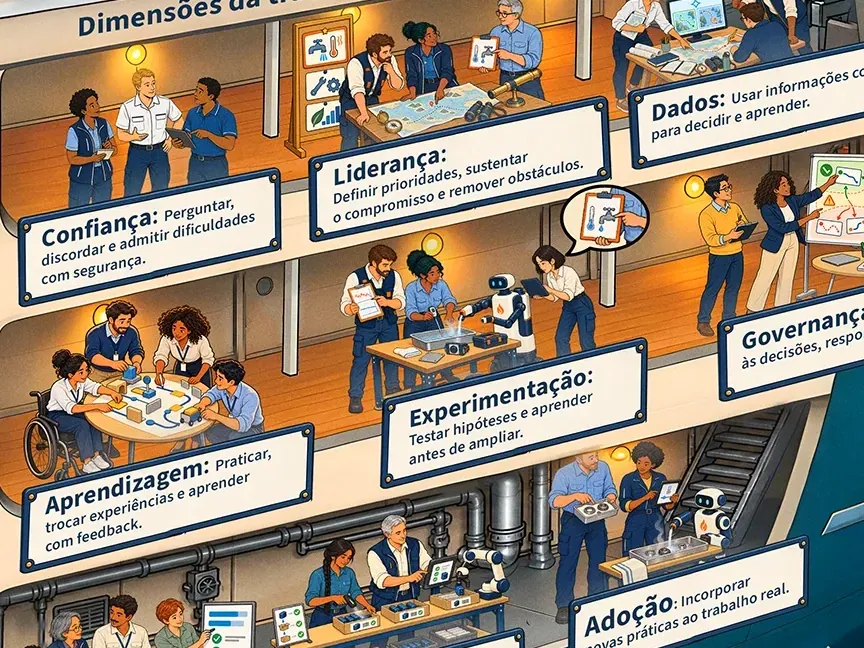 Detalhe do mapa: salas no interior do navio, com equipes trabalhando em áreas como liderança, experimentação e aprendizagem.