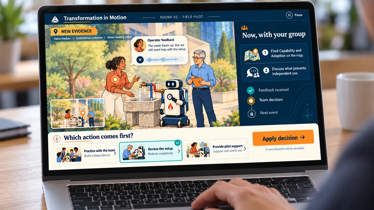 Illustrative visualization of a digital activity on a laptop: a scene from the map, a field report and decision options for the group.