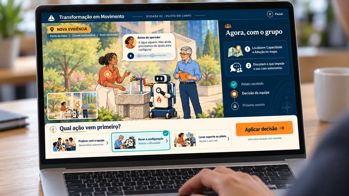 Visualização ilustrativa de uma atividade digital em um notebook: uma situação do mapa, um relato e opções de decisão para o grupo.
