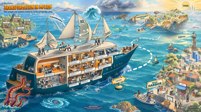 Illustrated map of an organization portrayed as a ship underway.