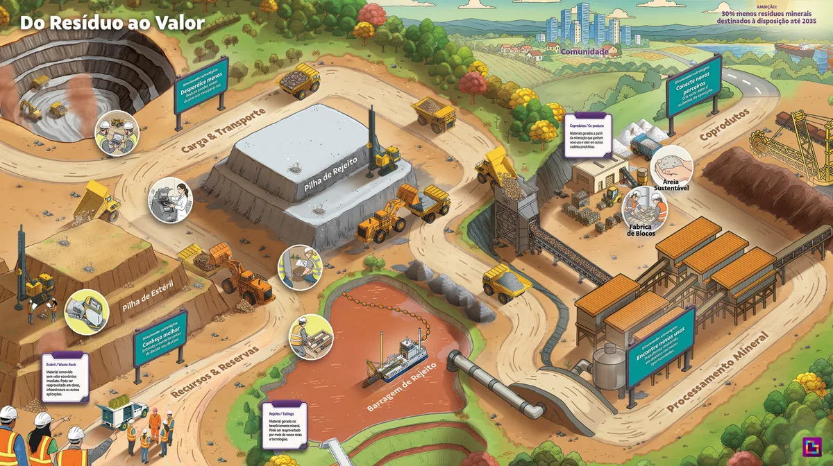 Mapa visual ilustrado de uma jornada de mineração circular, conectando etapas da cadeia, desafios e oportunidades de geração de valor.