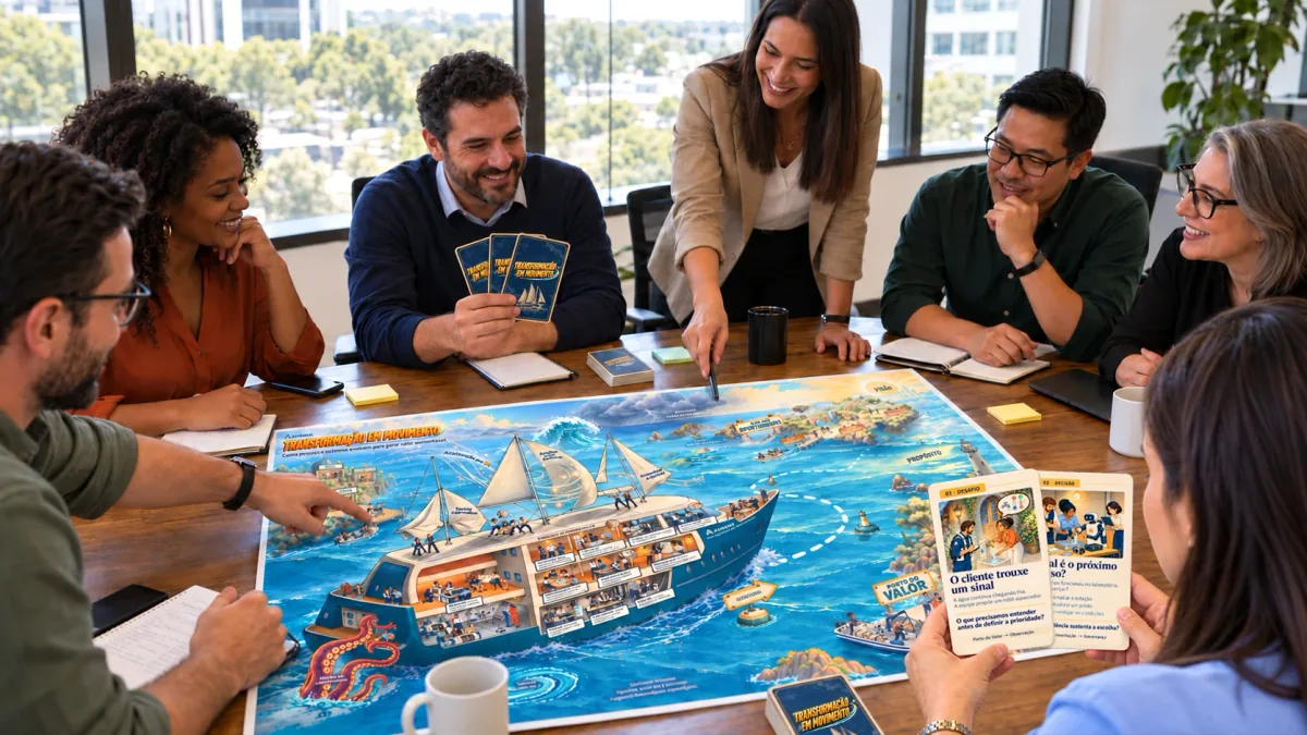 Illustrative image: a group around a printed learning map featuring a ship, holding cards, while a facilitator points to a scene on the map.