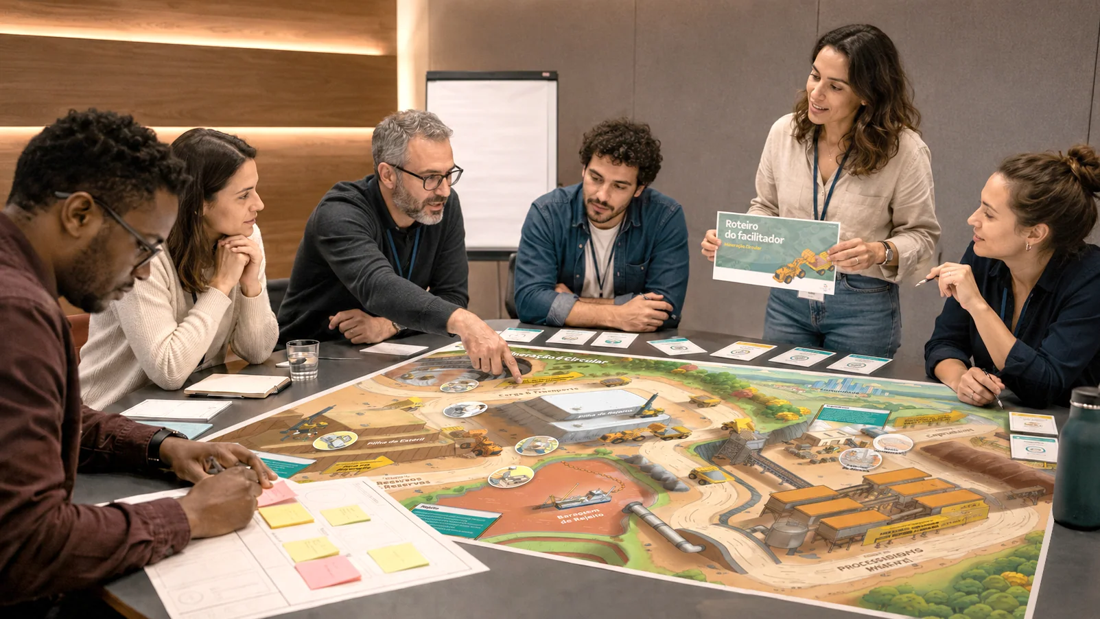 Participants around a printed map, with cards and facilitation material on the table