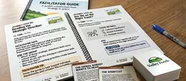Facilitator guide and prompt cards laid out on a table